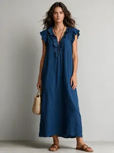 Full-length professional studio shot of a blue bohemian maxi dress with ruffle cap sleeves