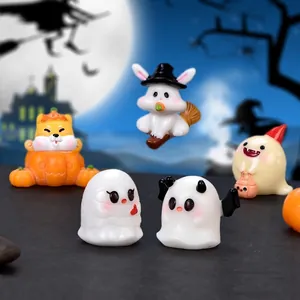 Cute Halloween miniature resin figurines featuring ghosts, pumpkin dog, and witch bunny.