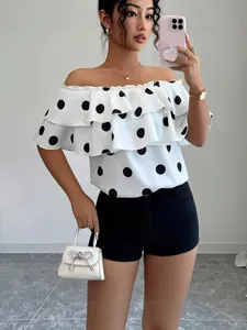 Women Off Shoulder Polka Dot Blouse Ruffle Short Sleeve Top Casual Summer Beach Vacation Loose Fitting Chiffon Style Blouse