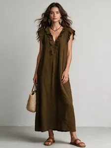 Bohemian floor-length dress with ruffle V-neck and flutter sleeves in olive brown