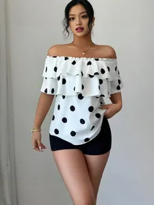 Women's off-shoulder ruffle top with black polka dots for summer