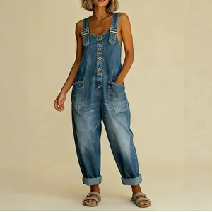 Stylish vintage loose-fit women's denim jumpsuit with adjustable buckles in blue