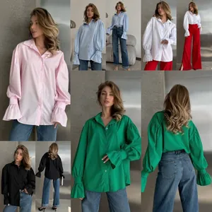 Collage of loose button-down shirts featuring flared cuffs in pink, green, and blue colors