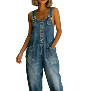Retro loose-fit blue denim overalls with distressed wash and adjustable buckle straps.