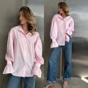 Pink long sleeve button-down shirt with stylish pleated lantern cuffs and loose fit