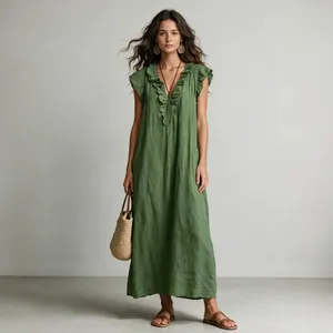 Bohemian V Neck Flutter Sleeve Maxi Dress For Women Ruffle Trim Pleated Solid Color A-Line Vacation Dress Elegant Beachwear