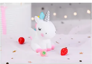 Close-up view of a cute white vinyl unicorn cake topper with silver horn and pink cheeks