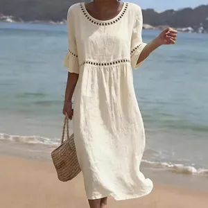 Vestido Midi de Algodón Lino Elegante para Mujer Casual Cuello Redondo Media Manga Calado Color Sólido Línea A Playa