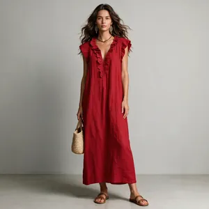 Elegant bohemian deep red flutter sleeve maxi dress with chic ruffled V-neck details
