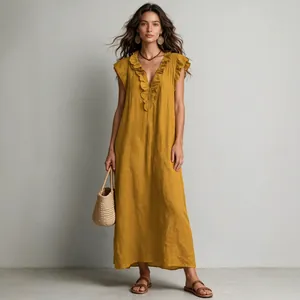 Bohemian mustard yellow maxi dress featuring ruffle V-neck and butterfly sleeves