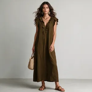 Bohemian olive green maxi dress with ruffled cap sleeves and deep V-neck