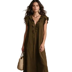 Elegant bohemian olive green maxi dress featuring ruffled flutter sleeves and deep V-neck