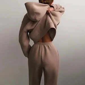 Detailweergave van de achterkant van een dikke havermoutkleurige hoodie en joggingpak.