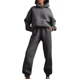 Dames tweedelige casual trainingspak set met dikke fleece hoodie en broek in donkergrijs