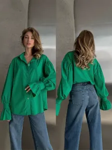 Women's loose green casual long sleeve button-down shirt with stylish ruffled cuffs