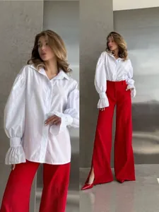 Elegant white loose button lapel long sleeve shirt with stylish flare cuffs