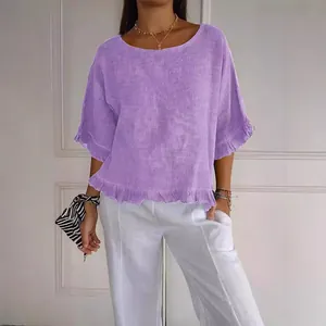 Blusa casual de lino morada de manga corta con cuello redondo y dobladillo con volantes