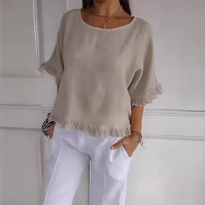 Elegante blusa de lino y algodón para mujer con manga corta y volantes, caqui