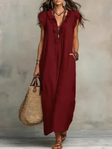 Deep red bohemian floor-length maxi dress with flutter sleeves and elegant ruffle details