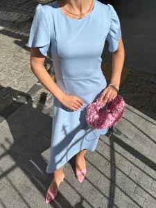 Detail view showing the elegant silhouette of a light blue dress with ruffle sleeves.
