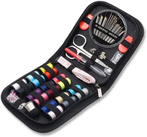 Detailed macro view of an open portable sewing kit interior with assorted threads and tools