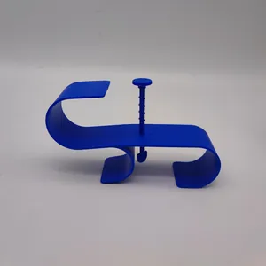 Detail view of durable blue plastic swimming pool pipe holder with adjustable screw