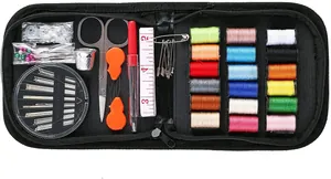 Close-up view of portable sewing kit with colorful threads and tools in black case.