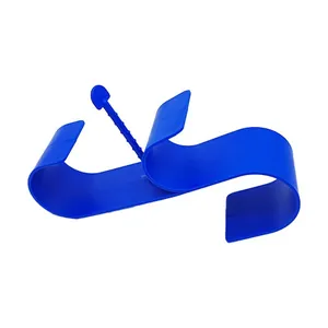 Detailed macro view of the blue plastic swimming pool pipe holder with adjustable toggle