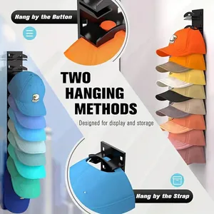Wall-mounted hat organizer showing two hanging methods for baseball caps display.