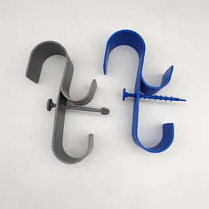 Detail view of blue and grey plastic swimming pool pipe holders with adjustable straps.