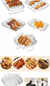 Detail view of multi-layer stainless steel air fryer racks used for fried snacks
