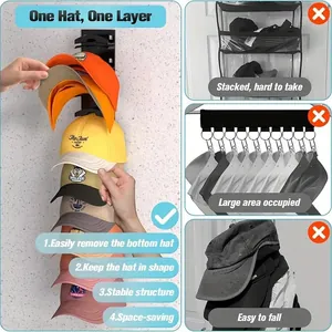 Vertical hat organizer comparison showing space-saving and shape-keeping features.