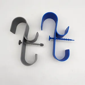 Close-up of grey and blue plastic swimming pool pipe holders with adjustable straps
