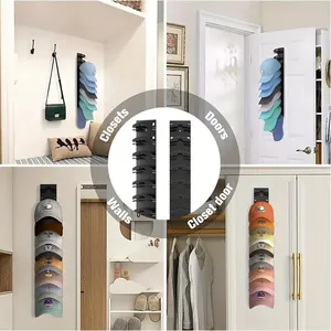 Vertical hat organizer rack for baseball caps shown on doors, walls, and in closets