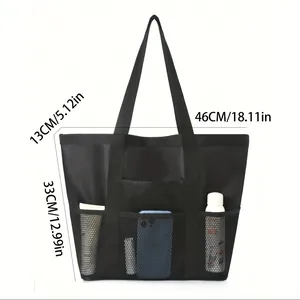 Large black mesh beach tote bag with dimensions 46x33x13cm for gym and swimming