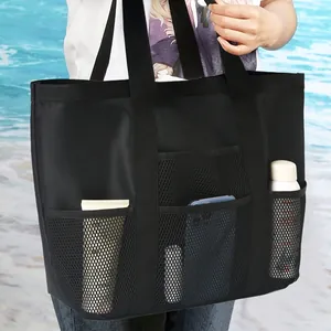 Large capacity black mesh beach bag with multi-pockets for swimming and travel storage
