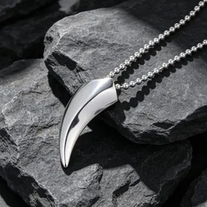 Collier pendentif dent de loup en acier titane poli avec chaîne à billes pour hommes