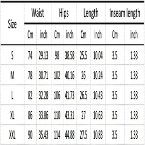 Detailed size chart for women's low-waist denim shorts with cm and inch measurements