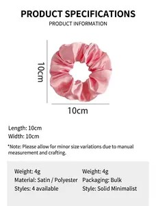 Pink satin scrunchie size guide with 10cm diameter and product material details