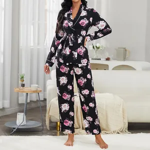 Set Pigiama da Donna in Viscosa con Stampa Floreale Manica Lunga Scollo a V Top And Bottom Comodo Casual Homewear