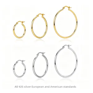 925 Sterling Silver Hoop Earrings Gold Silver Plated Minimalist Geometric Round Plain Loop Earrings For Women Jewelry Gift