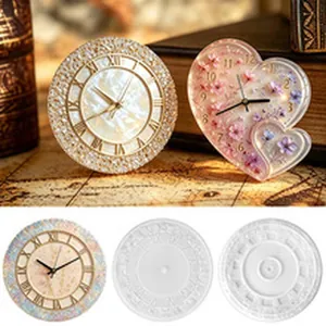 Detail of DIY silicone clock molds and finished resin clocks with floral and Roman numerals.