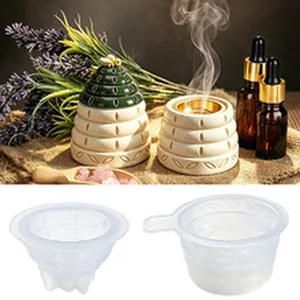 Detail of DIY beehive silicone resin mold with finished project and lavender