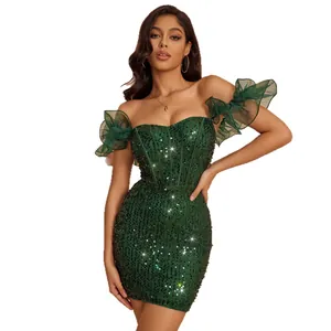 Elegant off-shoulder green sequin dress with ruffle sleeves for party evening wear
