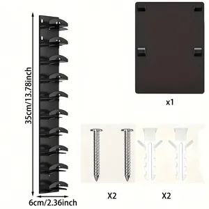 Black wall-mounted baseball cap organizer rack with installation hardware and 35cm height dimensions