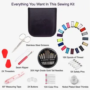 Complete 72-piece portable sewing kit with thread spools, needles, and stainless steel scissors.