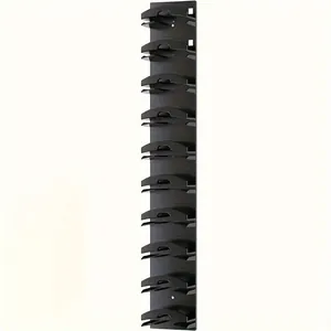 Vertical wall-mounted black metal hat organizer rack with 10 curved hooks for caps.