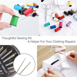 Detail view of 72-piece portable sewing kit showing thread, needles, and scissors