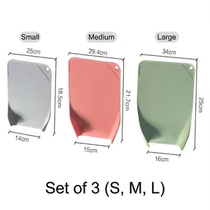 Detailed dimensions for the 3-piece set of portable PP kitchen cutting boards.