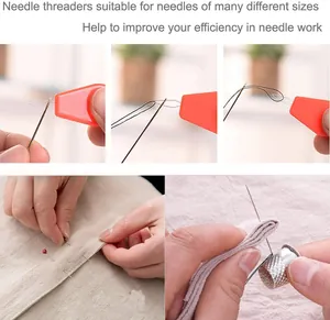 Close-up of needle threader in use and detailed hand sewing steps